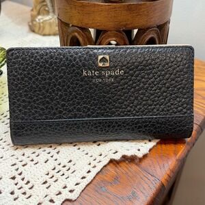 Kate Spade New York Black Pebbled Leather Slim Bifold Wallet Gold Logo